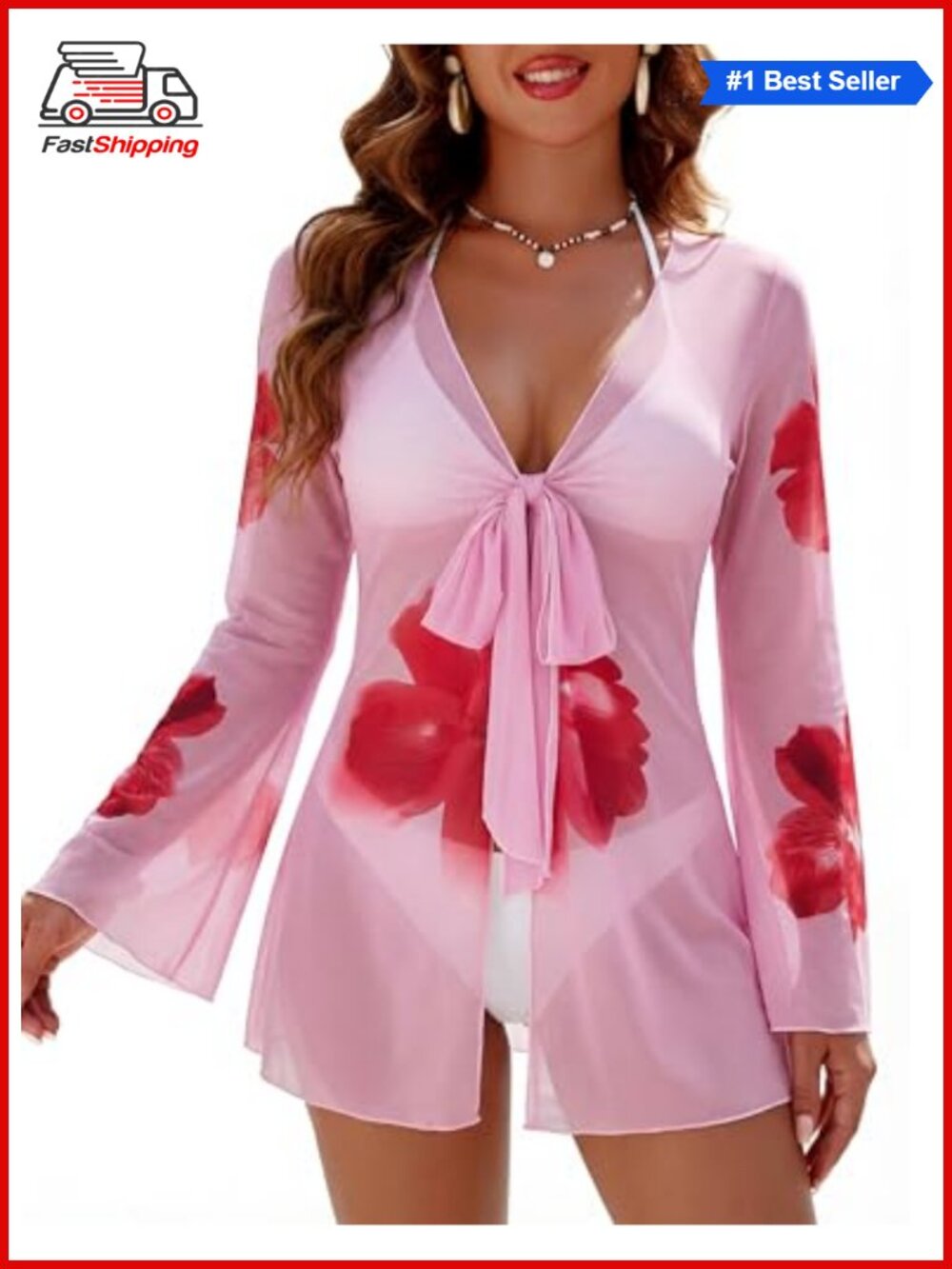 ✨Blooming Jelly Sheer Mesh Kimono Swim Cover Up Long Sleeve V-Neck Floral Beach